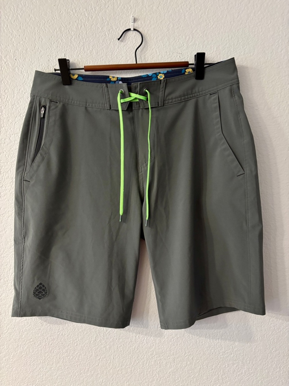 Stio Men's CFS Board Shorts Light Grey with neon green accents
